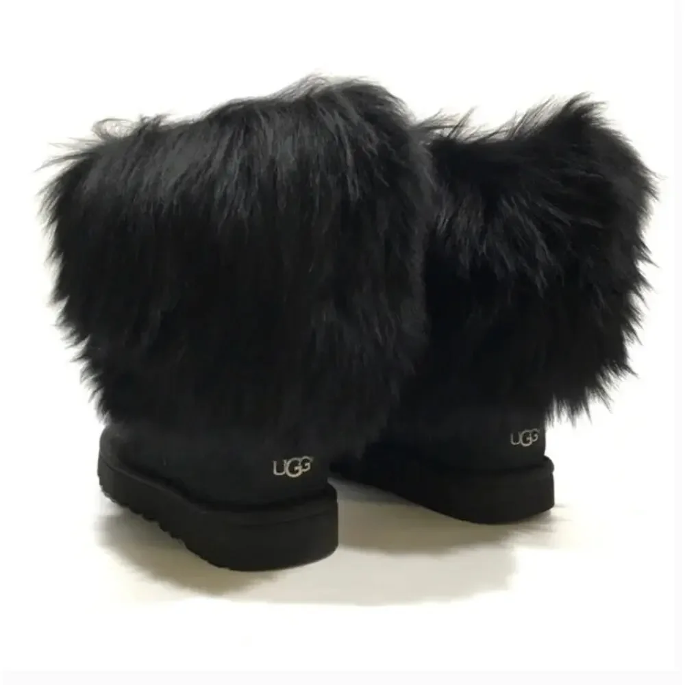 Ugg Short Sheepskin Cuff Boots 6 Black NWT Suede Fur Shearling Ankle Booties